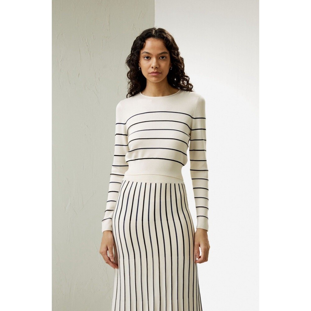 LILYSILK Cropped Silk-Knitted Long Sleeve Tee Size M NWT Cream Striped